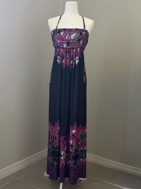 SOMA Floral Maxi Dress Women’s Small Black / Purple Pockets Strapless Resort